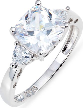 Nordstrom Cushion Cut Cubic Zirconia 3-Stone Ring in Clear- Platinum Plated at Nordstrom, Size 7
