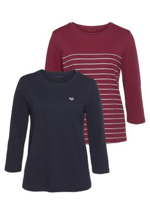 Tom Tailor 3/4-Arm-Shirt TOM TAILOR, Damen, Gr. XS (32), bunt (navy, bordeaux, geringelt), Jersey, Obermaterial: 100% Baumwolle, gerade h&uuml;ftlang, Rundhals, abges