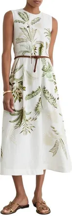 Reiss Palma Palm Print Linen Midi Dress in Ivory/khaki at Nordstrom, Size 10
