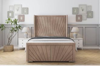 Sloomy Rutherford Naples Bed Frame With 50 Upholstered Wingback Headboard in Light Brown | Size: Double