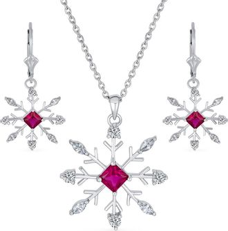 Bling Jewelry Sterling Silver CZ Snowflake Pendant Necklace & Earrings Set in Red at Nordstrom Rack