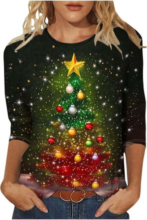 Generic Ladies Christmas Jumpers - Womens Xmas T-Shirts Plus Size Christmas Tree Print Novelty Funny 3/4 Sleeve Elf Santa Print Reindeer Graphic Blouse Ugly T