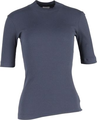 Brunello Cucinelli Ribbed Mock Neck Top in Blue Cotton