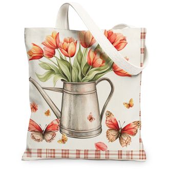 Generic Spring Tulip Flower Canvas Tote Bag for Shopping 13x15, Farmhouse Country Floral Reusable Grocery Print Pattern Bag for Women, Fun Farm Beach Aestheti