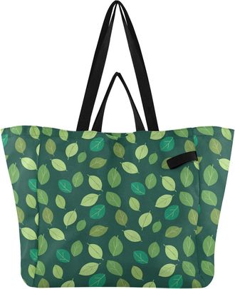 Generic Leaves Green pattern Reusable Canvas Tote Bag, Heavy Duty Grocery Shopping Bag with Hard Bottom Large Capacity Double Handles Work Groceries Travel