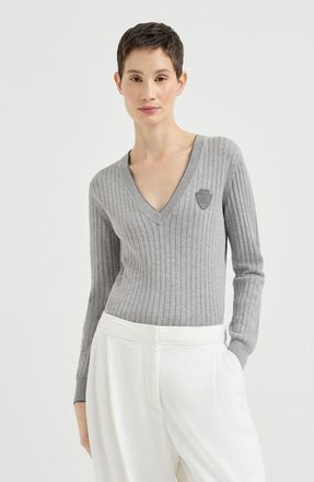 Brunello Cucinelli Cotton ribbed sweater with logo in Grey at Nordstrom, Size Xxx-Large