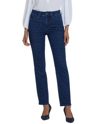 NYDJ Petite Marilyn Dark Denim Leopard Print Straight Leg Jean