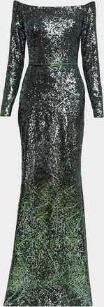 Elie Saab Off-The-Shoulder Ombre Sequin Trumpet Gown