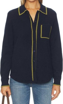 White + Warren Cashmere Tipped Button Shirt In Deep Navy/bright Olive