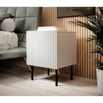 Dmora Conjunto De 2 Mesitas De Noche Livraga, C&oacute;moda Baja Con Puerta Abatible Y Compartimento Interior, Acabado Efecto Ca&ntilde;a, 45x40 H51 Cm, Blanco