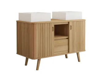 Vente-Unique Mobile Bagno Con Piedi In Teak E Doppio Lavabo Quadrato Da Appoggio In Ceramica 120 Cm - Wamena