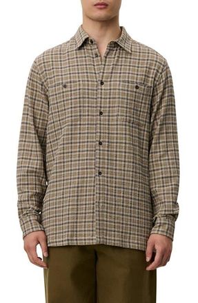 Les Deux John Check Stretch Organic Cotton Blend Shirt in Dark Sand at Nordstrom, Size Xx-Large