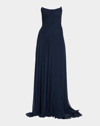 Monique Lhuillier Strapless Draped Silk Chiffon A-Line Gown