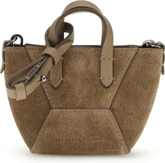 Brunello Cucinelli Womens Shoulder Bag Micro Suede Beige Calf Leather