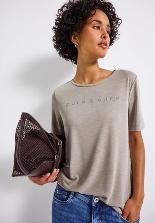 Street One T-Shirt STREET ONE, Damen, Gr. 40, beige (morning beige), Jersey, Obermaterial: 70% Modal, 30% Polyester, bedruckt, unifarben, l&auml;ssig geschnitten h&uuml;ft