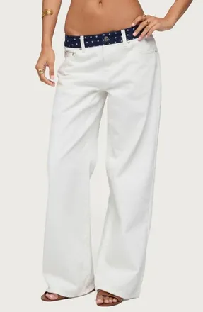 Edikted Polka Dot Waist Low Rise Wide Leg Jeans in White at Nordstrom, Size X-Small