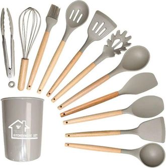 OEM Ustensiles De Cuisine En Silicone - 12 Pi&egrave;ces - Resistentes Hasta 210 &deg;c - Con Mango De Madera - Antiadherentes - Incluye Soporte