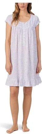 Eileen West Cotton Knit Cap Sleeve Short Nightgown Womens Clothing Lilac Floral : SM