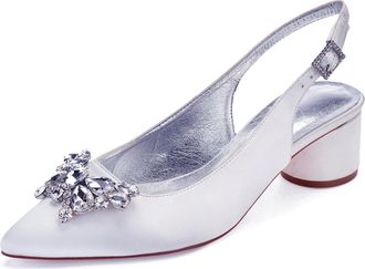 Generic Womens Pumps Pointed Toe Bridal Chunky Heel Slingback Heels Wedding Prom Party Dress Low Heels 4.5Cm,White,2 UK