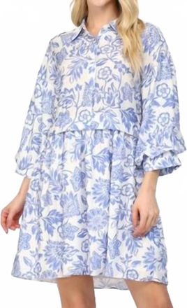 Fate Puff Sleeve Shirt Mini Dress In White/blue