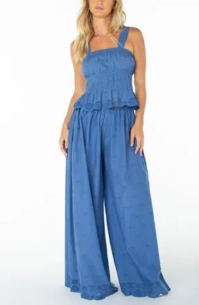 Roxy Cambria Wide Leg Eyelet Pants in Dutch Blue at Nordstrom, Size X-Small