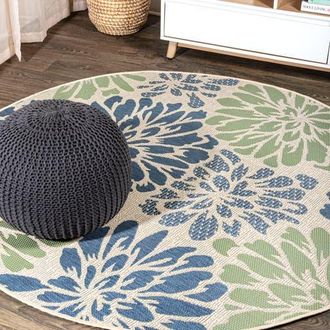 Jonathan Y Designs Zinnia Modern Floral Textured Weave Indoor/Outdoor Round Area Rug in Navy/green at Nordstrom, Size 3Ft 0In X 3Ft 0In
