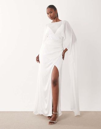 Tfnc Vestito lungo da sposa in raso color avorio con spalline sottili e mantella in rete-Bianco