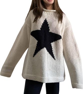 Generic Women Y2K Printed Pullover Sweater Star Print Oversized Knit Jumper Long Sleeve Aesthetic Sweatshirt Streetwear