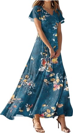 Generic Summer Dresses for Women UK Empire Waist Comfy Boho Floral Print V Neck Ladies Maxi Dress Beach Swing Long Dresses Slim Fit A Line Wrap Flowy Dress wi