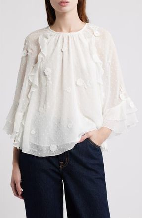 Treasure & Bond Floral Appliqu&eacute; & Clip Dot Chiffon Top in White at Nordstrom, Size Xx-Small