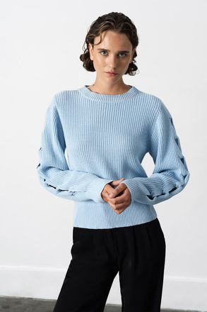 French Connection Womens Light Blue Cotton Blend Braid Sleeve Relaxed Knit Jumper - Size X-Large