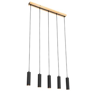 QAZQA Moderno L&aacute;mpara Colgante Moderna Negra Con Madera 5-luces - Jeana Acero / Alargada Adecuado Para Led Max. 5 X 7 Watt - Qazqa