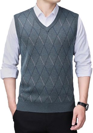 Generic Mens Gilets V Neck Sleeveless Jumper Vest Cotton Casual Autumn Winter Ribbed Tanks Tops Waistcoat Jumper Business Pullovers Slim Fit Round Neck Gilet 
