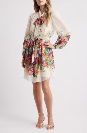 Julia Jordan Floral Print Tie Neck Long Sleeve Dress in Ivory Multi at Nordstrom Rack, Size Small