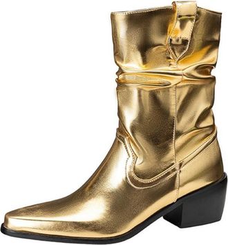 Generic Womens Western Fringe Knee High Boots Pointed Toe Faux Suede Chunky Block Heels Studded Cowboy Style Non Slip Comfortable Durable Daily Party,Gold,6.5