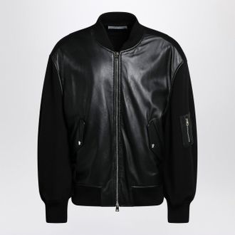 Givenchy Black Leather Bomber Jacket With Wool Sleeves