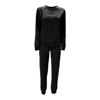 Emporio Armani Training Sets, female, Black, Size: M Cotton Black Logo Lettering Pajama Set