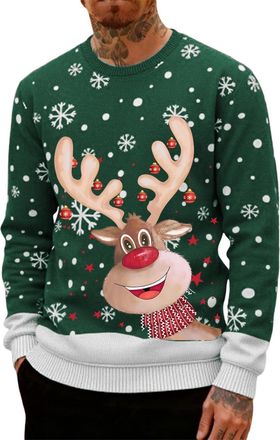 Generic Christmas Jumpers for Men UK Funny Ugly Reindeer Print 3D Graphic Tops Oversized Novelty Xmas Sweatshirt Crew Neck Long Sleeve Pullover Sweater Mens H
