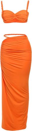 Generic Womens 2 PCS Rope Ruffles Tank Tops Bodycon Skirts Y2k Summer Vacation Bikini Top and High Slit Coverup Bikini Sets (Orange,Small)