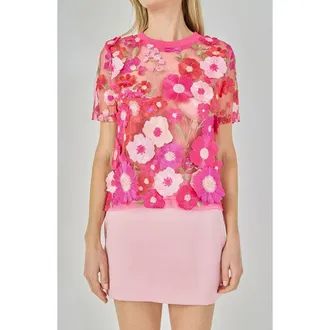 endless rose Floral Embroidered Appliqu&eacute; Organza Top in Fuchsia at Nordstrom, Size X-Small