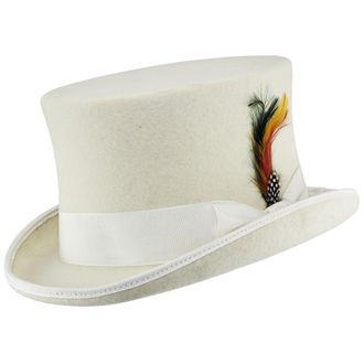 Maz Accessoires VIZ White 100% Wool Satin Lined Wedding Event Felt TOP HAT with Feather (Medium)