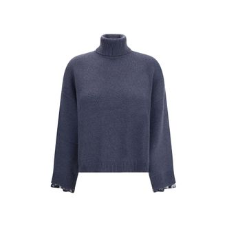 Brunello Cucinelli Blue Fleece Wool Womens Turtleneck