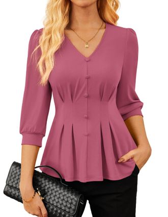 Grace Karin Womens Blouse Ruffles V-Neck Elegant Figure-Hugging Trendy 2026 Dusty Rose S