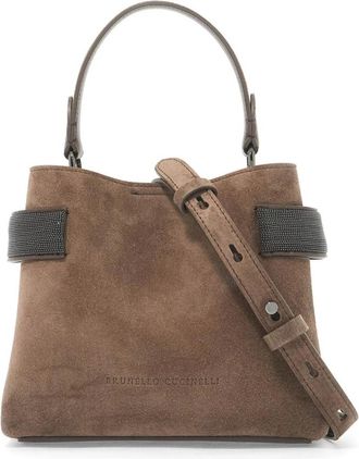 Brunello Cucinelli Geborduurde su&egrave;de handtas met Monili-inzetstukken - Dames - Handtassen - Bruin - ONE Size - Su&egrave;de - Tassen