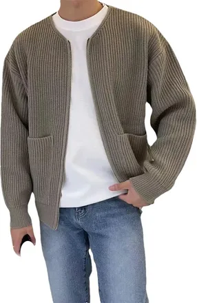 Generic Mens Round Neck Simple and Comfortable Soft Knitted Cardigan Solid Color Casual Loose Oversized Sweater Cardigan Khaki 3XL