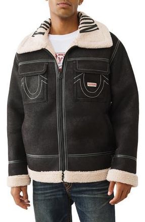 True Religion Faux Shearling Trim Faux Leather Jacket in Jet Black at Nordstrom Rack, Size Xx-Large