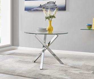 Furniturebox Selina 100cm 4-Seater Striking Round Glass & Chrome Dining Table With Square Legs in Silver