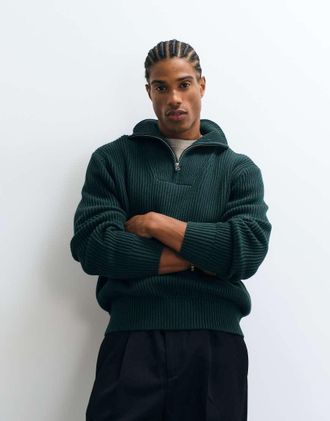 Selected maglione lavorato a maglia in 100% cotone con collo alto e zip 1/4, verde bosco