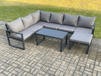 Fimous Aluminium Garden Furniture Set Outdoor Indoor Lounge Corner Sofa Oblong Coffee Table Sets with Big Footstool Dark Grey