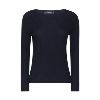 Max Mara Trui van geribbelde wol - Dames - Ronde hals truien - Blauw - M - Wol - Truien & Vesten